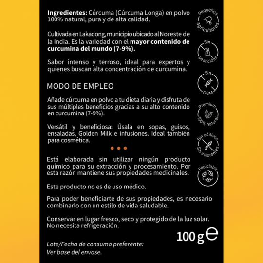 Cúrcuma Extra Fuerte | Potencia 3 (7-9%) | Lakadong | 100gr
